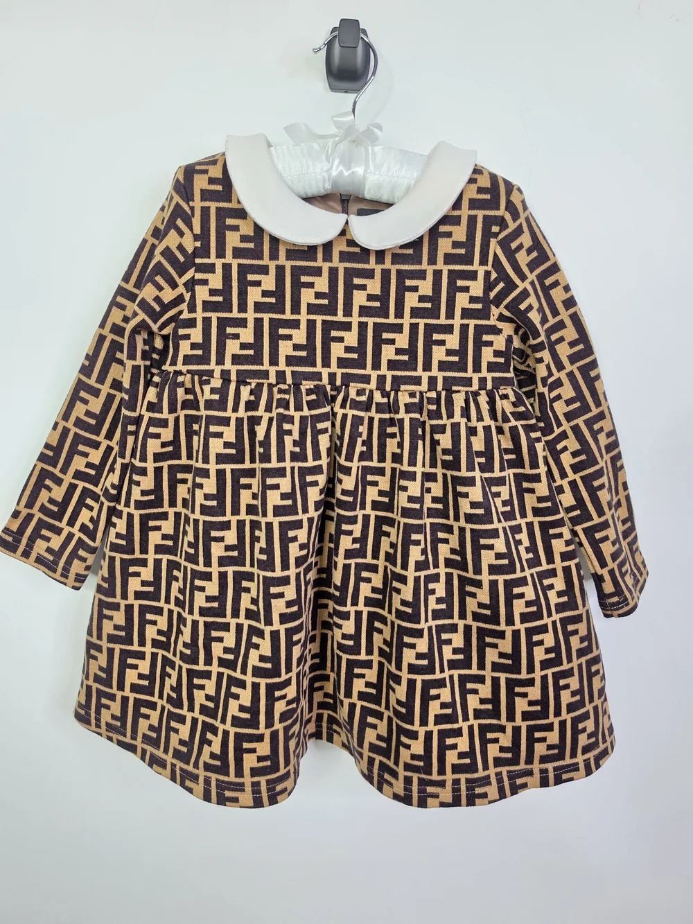 Fendi Tan, Black & White Logo Peter Pan Collar Dress